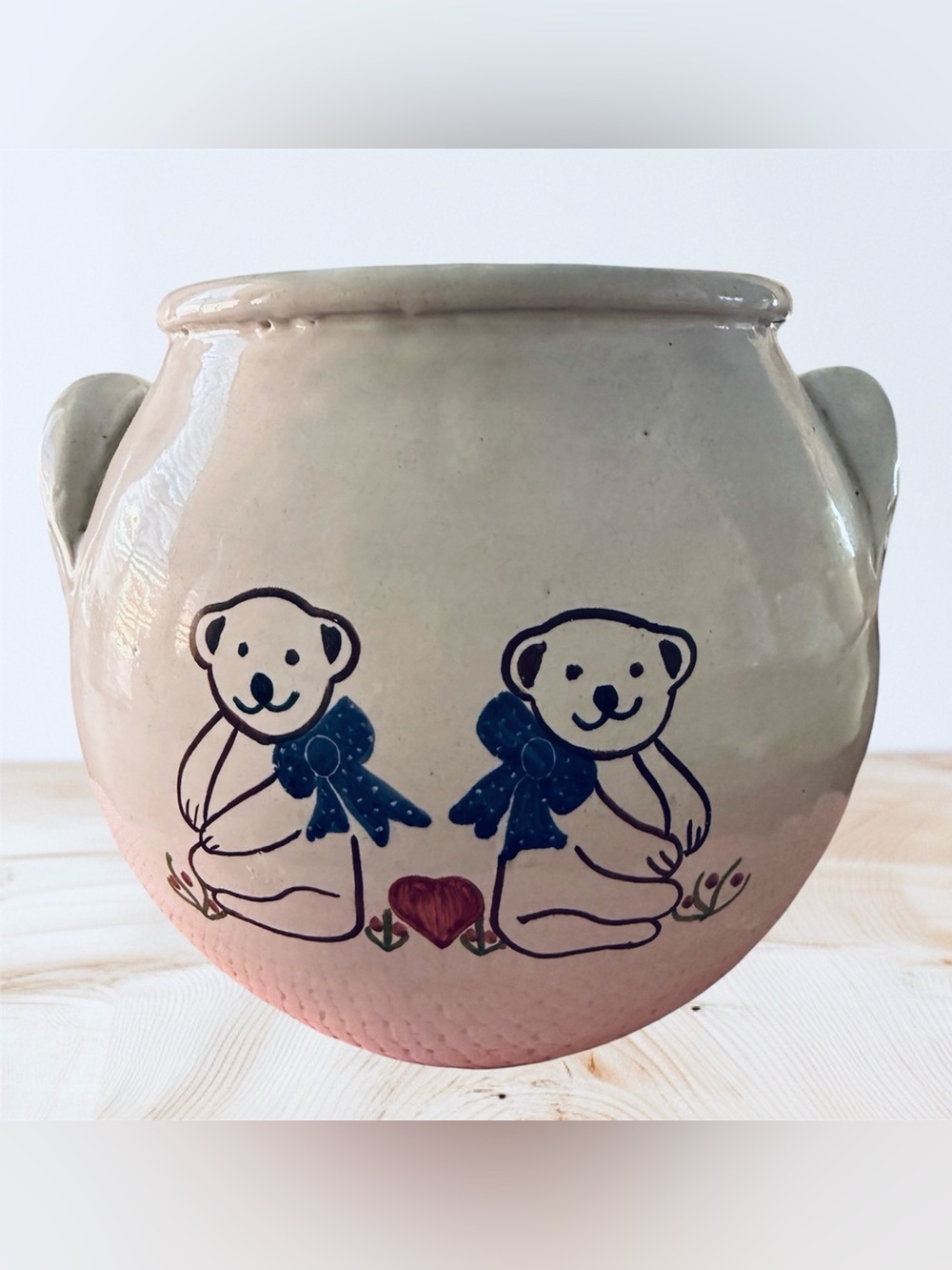 M.M. Pottery Vintage Teddy Bear Stoneware Crock - Handcrafted Studio Pottery